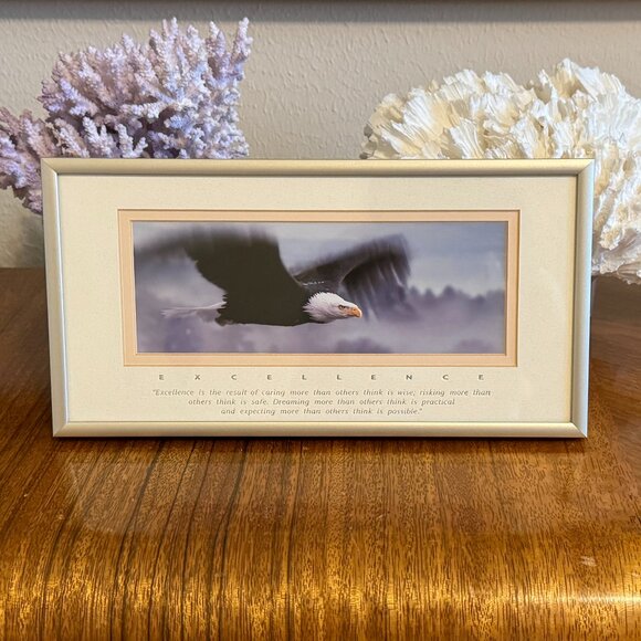 RARE Vintage EXCELLENCE Bald Eagle Framed Wall Art Metallic Inspirational Quote - Picture 1 of 15